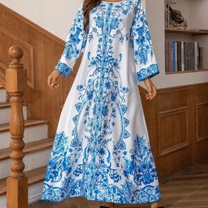 Elegant Blue and White Floral Abaya Dress